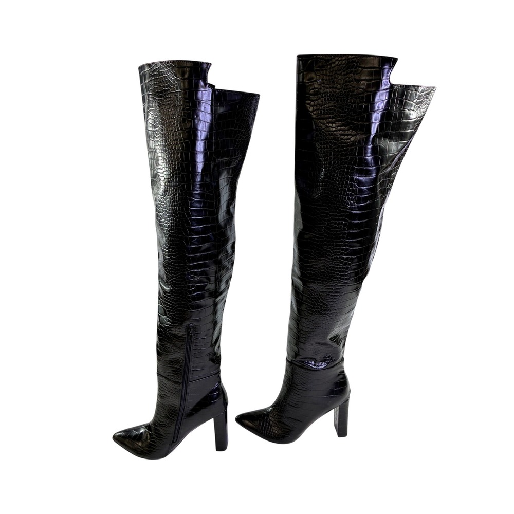 Lemonade Visionary Black Croc Embossed Over The Knee Thigh High Block Heel Boots